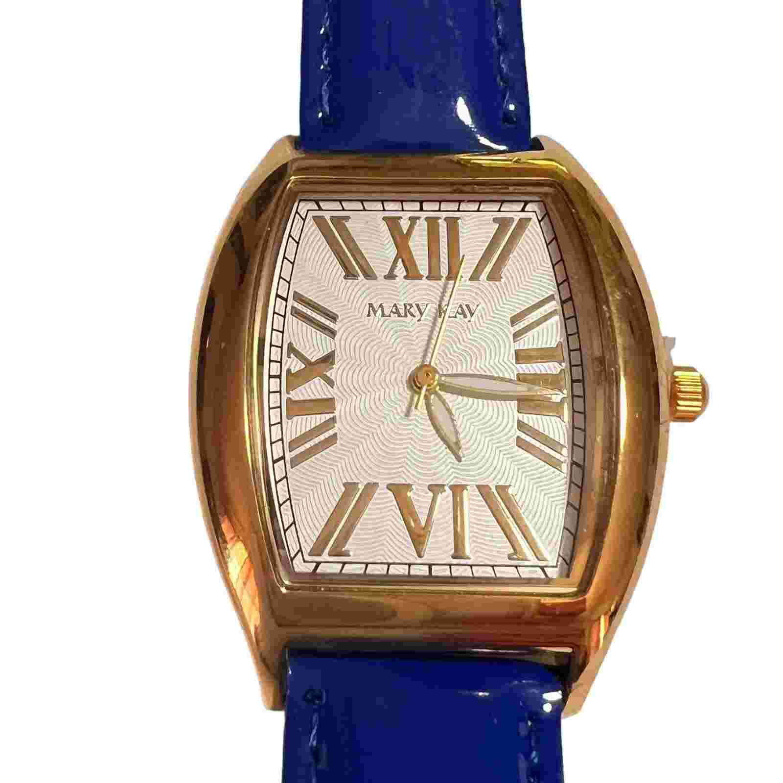Mary Kay Women's Watch Blue Band Gold Toned Face Surround and Numbers 8.75 in