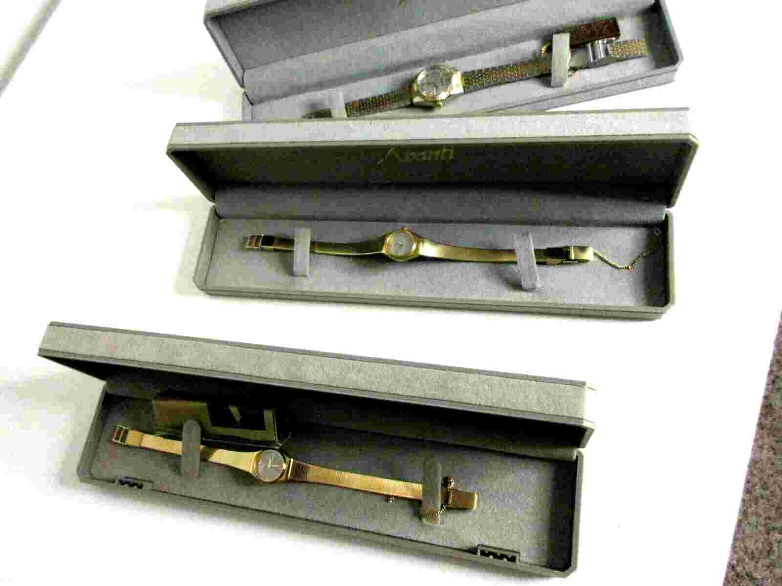 1980's Women Avanti  Gold Tone Quartz Wrist Watches NOS STORE DISPLAY SET OF 3