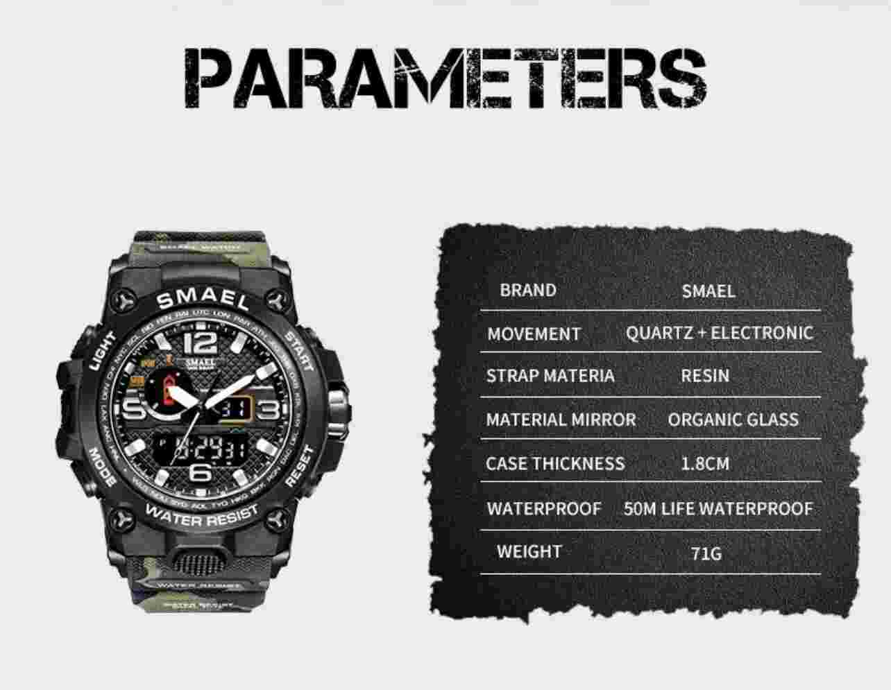 SMAEL Men's Sports Watch Outdoor Waterproof Watch Double Electronic Quartz Army