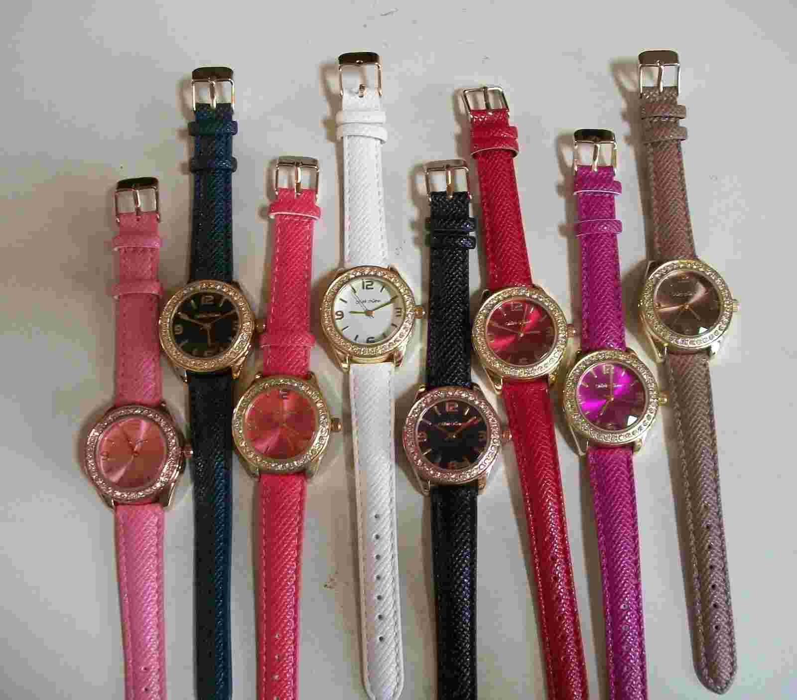 Women's Black, Red, Navy, Pink, Blush, Brown Leather Band Stone Fashion Watch