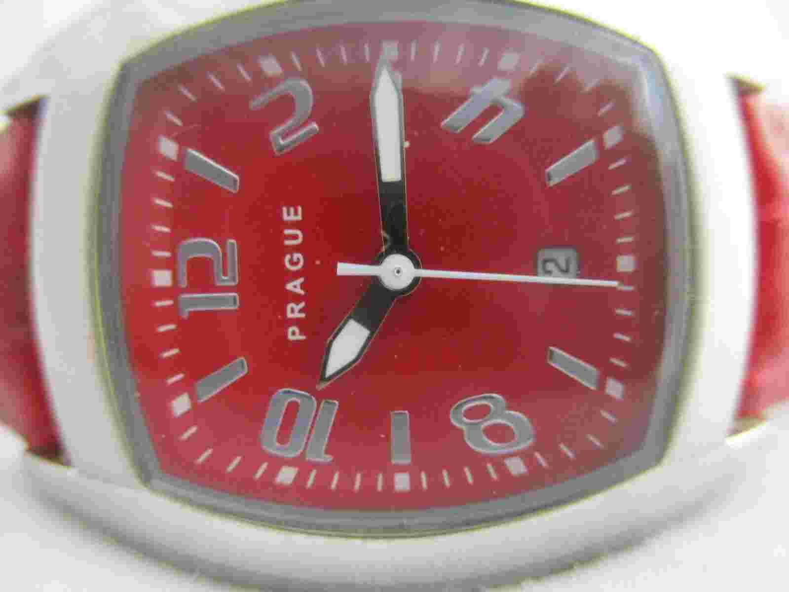 Prague Analog Watch Silver Tone Red Band All Stainless Steel Date Indicator