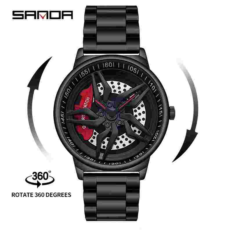 SANDA Wheel Rotating Dial Quartz Racing Mens Stainless Waterproof Luminous Watch