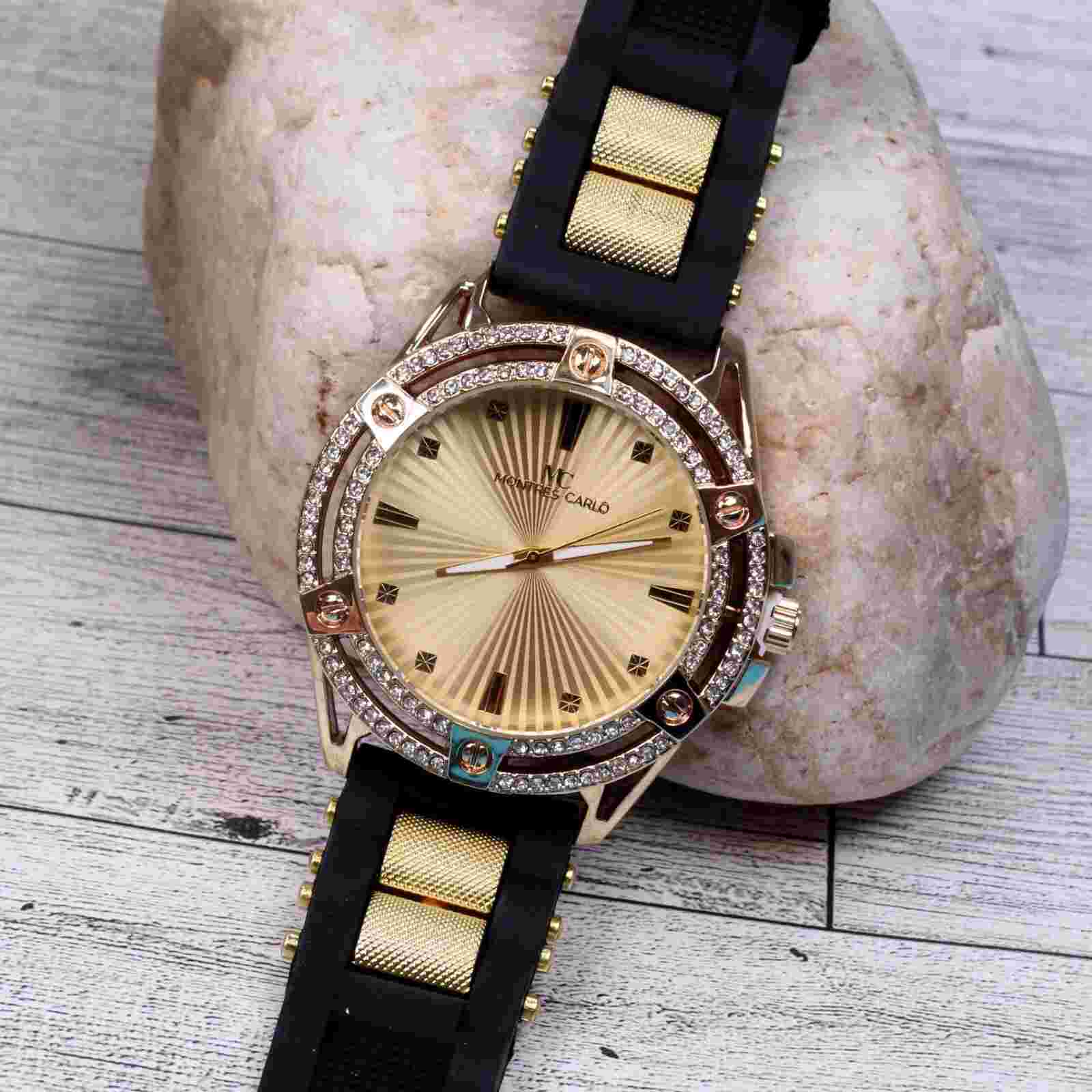 Montres Carlo Men's Hip Hop Rapper Luxury Stones Dress Wrist Watch Gold Finish