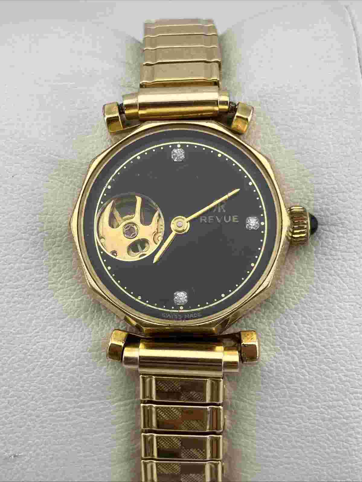 Vtg Revue Ladies 24mm Watch Gold Tone Black Dial Skeleton Windup Decagon - RUNS