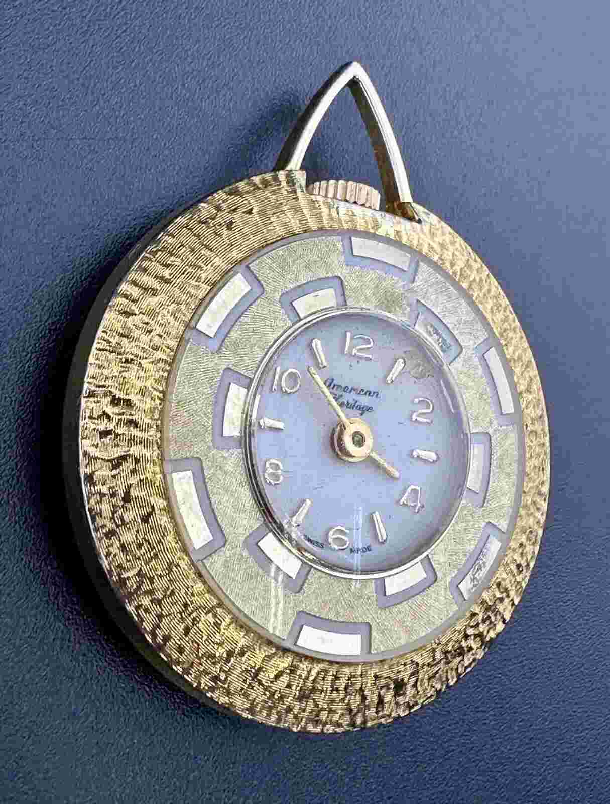 Working Vintage Gold Tone Swiss AMERICAN HERITAGE Mechanical Necklace Watch S3