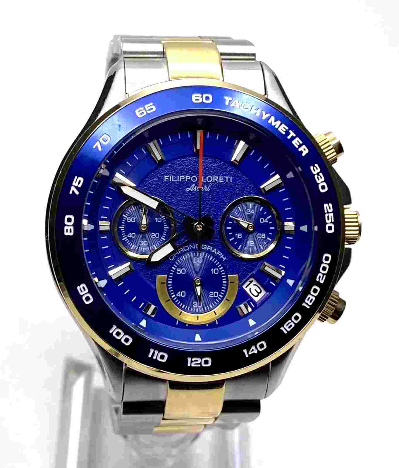 FILIPPO LORETI ASCARI MONZA CHRONOGRAPH TWO-TONE 10ATM BLUE DIAL MENS WATCH~NWOT