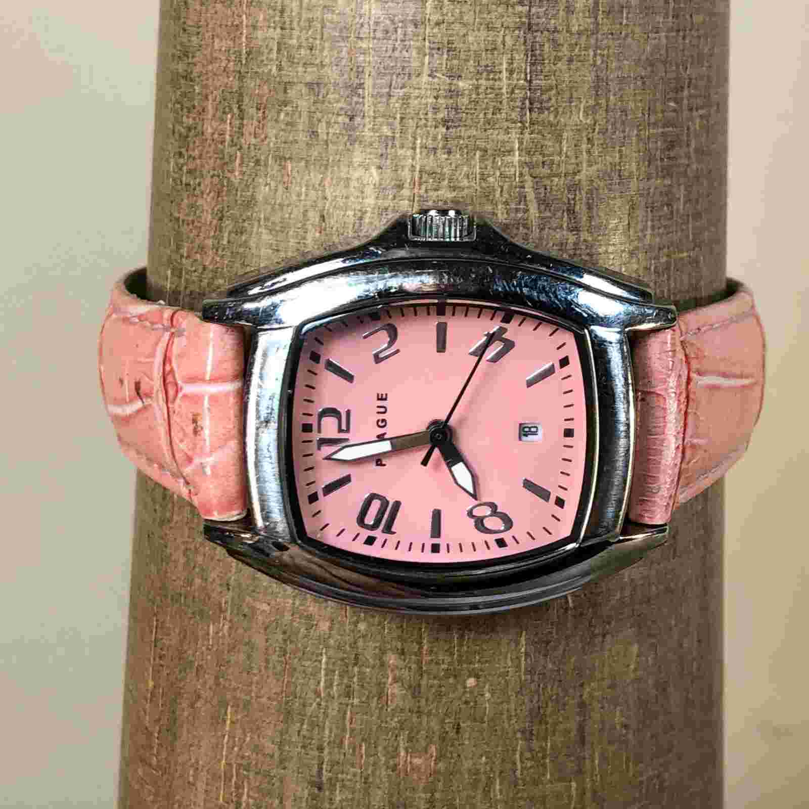 Prague Women Pink Dial Leather Strap Date Quartz Watch 7 1/4"