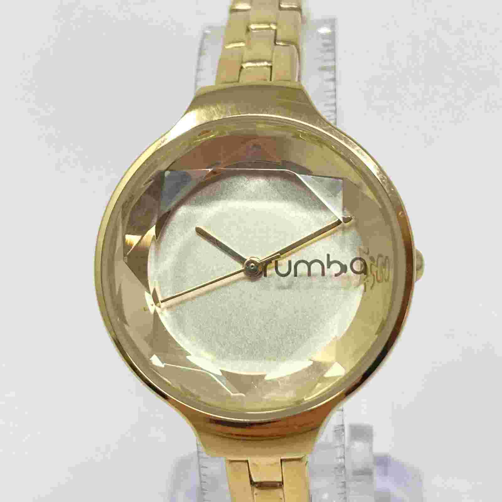 Rumba Watch Women 30mm Gold Tone Faceted Crystal 30M Minimal New Battery 6.25"