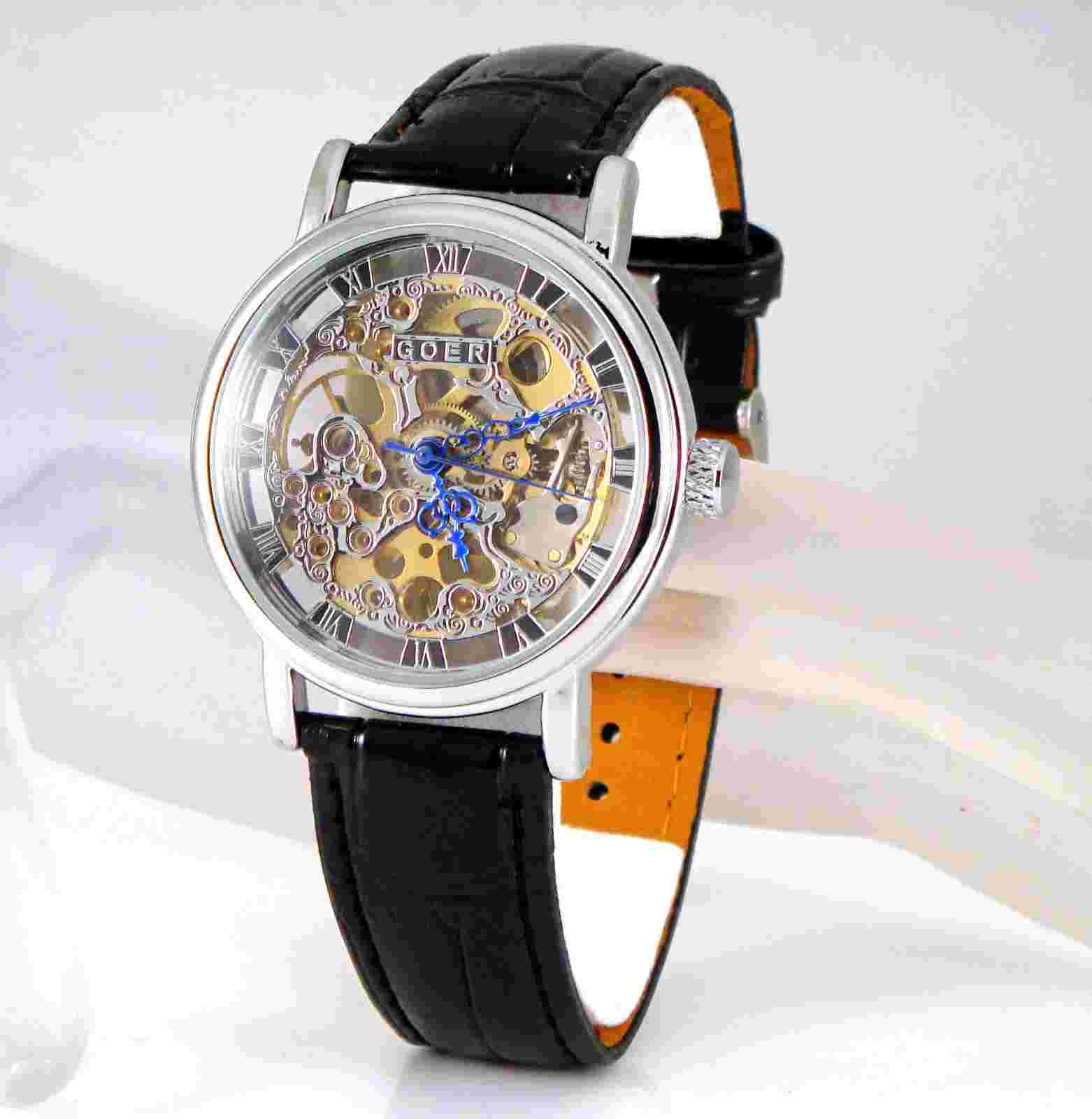 Silver Mechanical Wind-up Skeleton Steampunk Black Leather Heirloom Unisex Watch