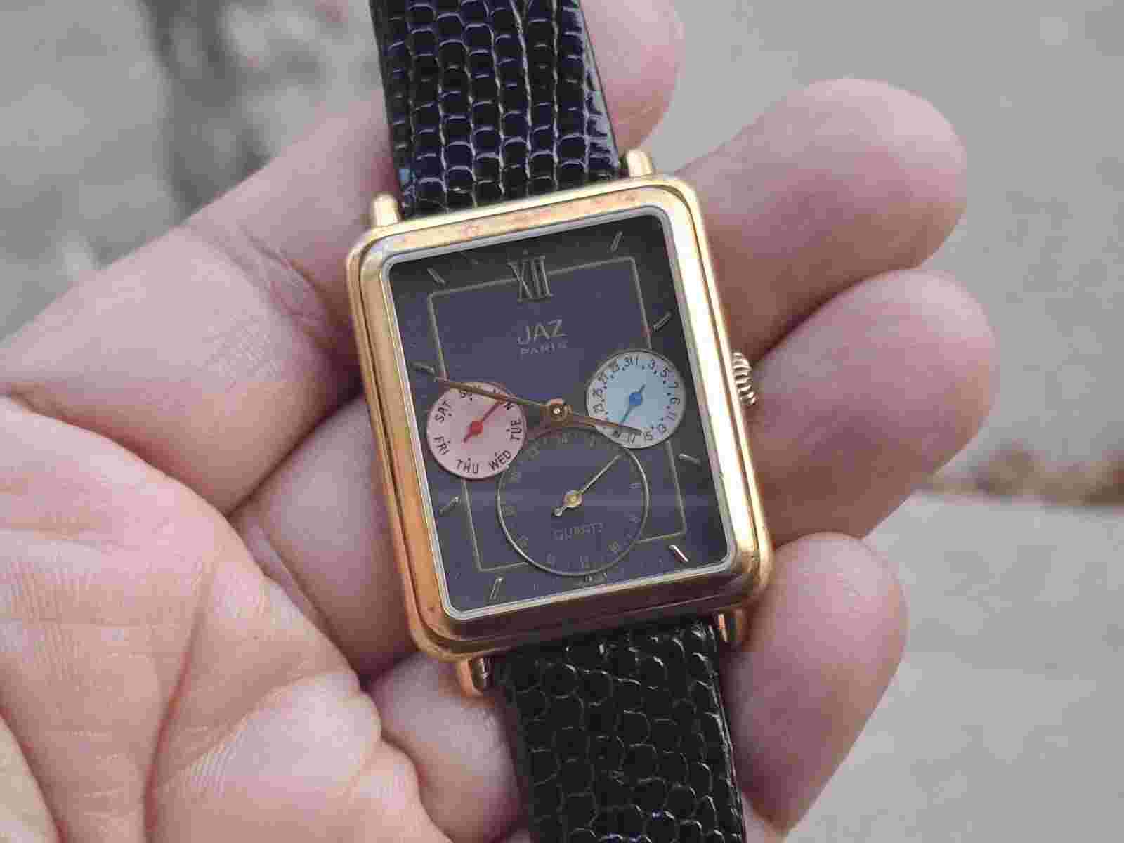 JAZ PARIS Tank Watch Black Wrist & Dial 30 mm New Battery 8.5" Chronograph