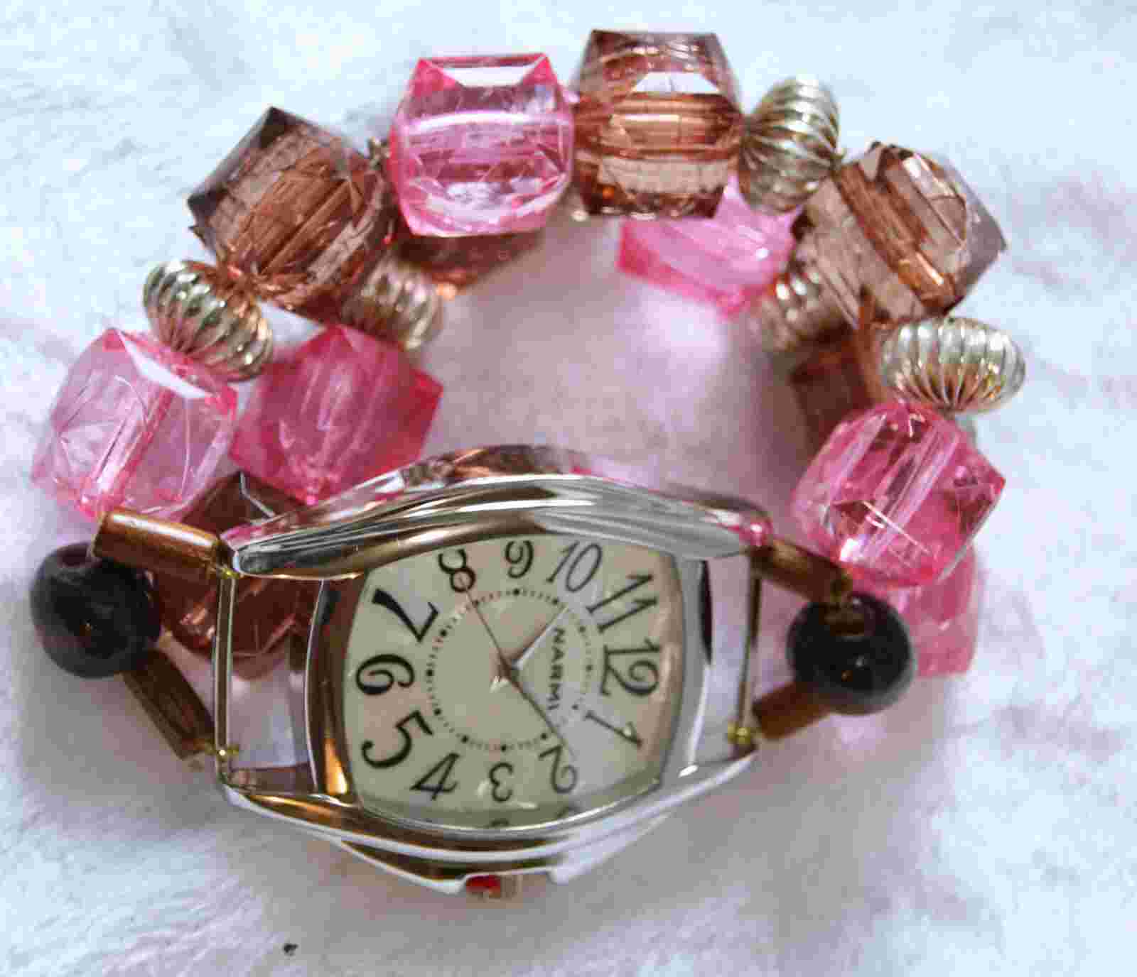 Large Narmi Watch, mother of pearl face, Pink, Brown and Silver, Quartz Movement