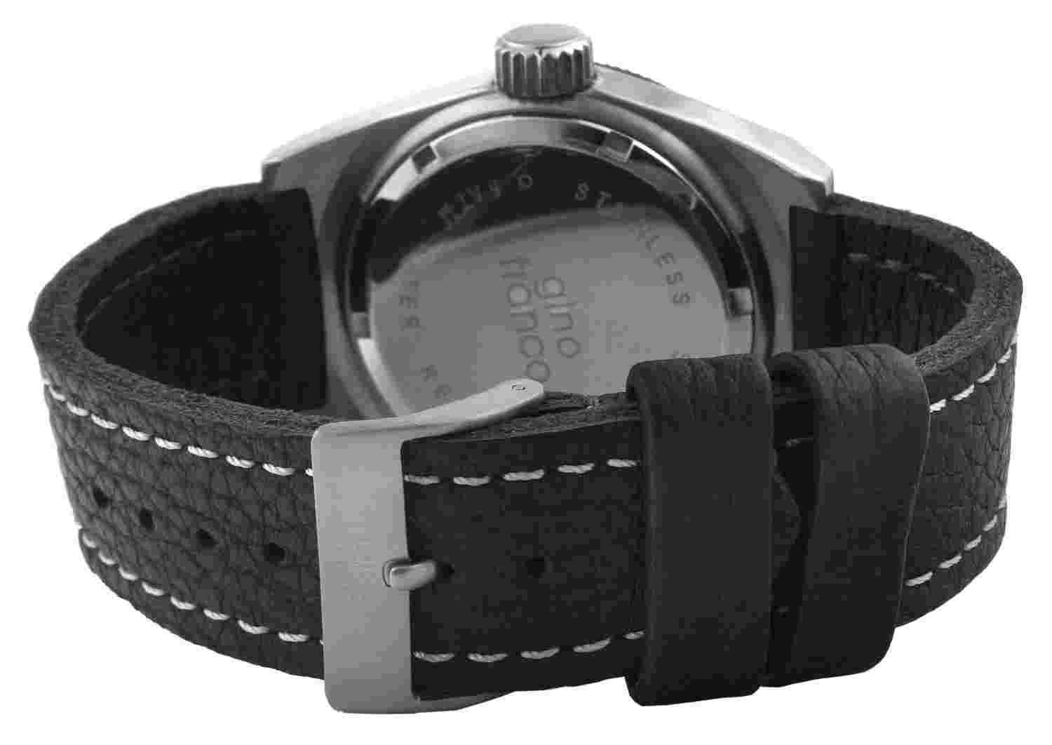 Men's Round Black Wrist Watch w/ Steel Case & Calf Leather Strap by Gino Franco