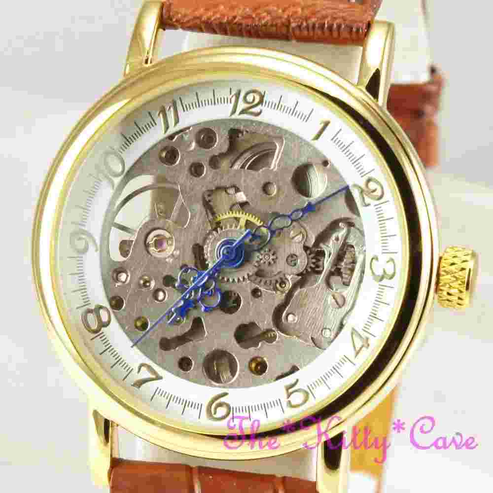 Gold Plated Mechanical Hollow Skeleton Steampunk Unisex Tan Leather Windup Watch