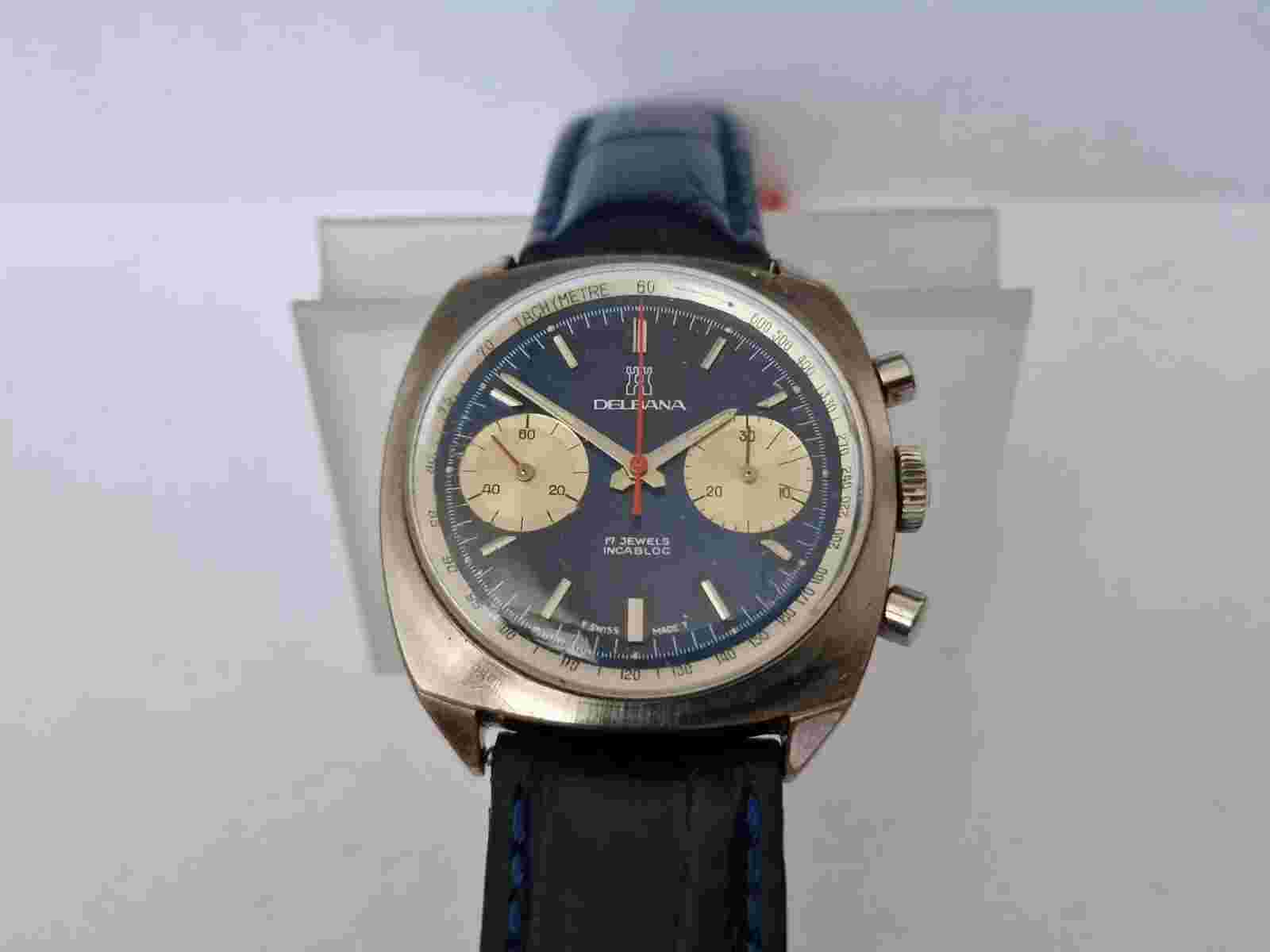 Delbana Chronograph Blue Dial Manual Wind-Chromeplated Case-Valjoux 7733.