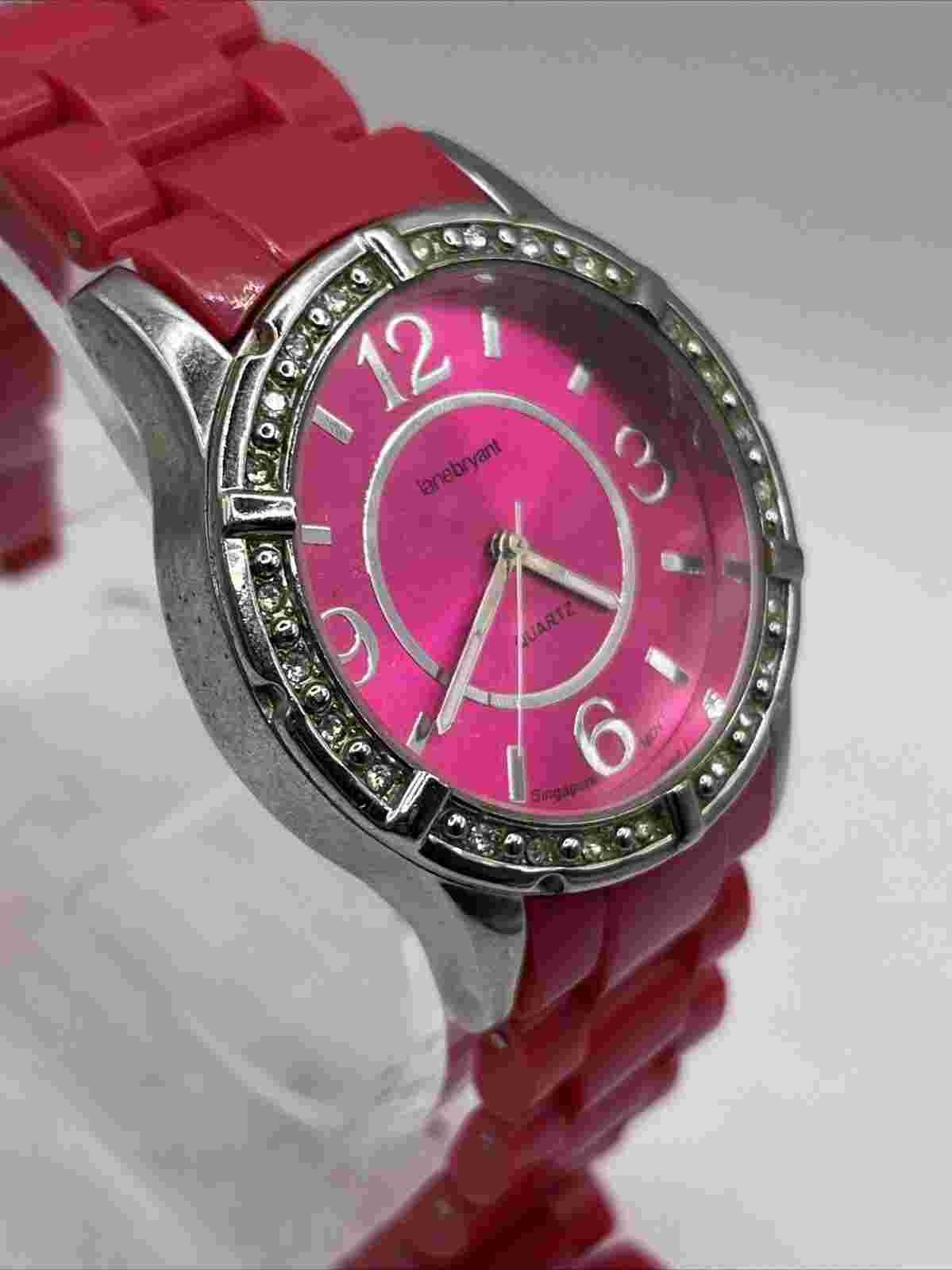 Lane Bryant Women's Quartz Watch Pink Band Rhinestone Bezel 38mm- New Battery