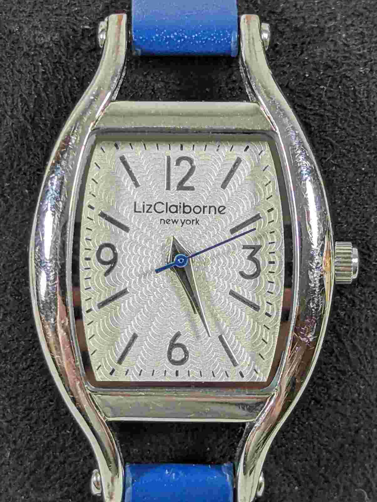 Liz Claiborne Silver Tone Dial Rectangle Case Blue Faux Leather Band Watch