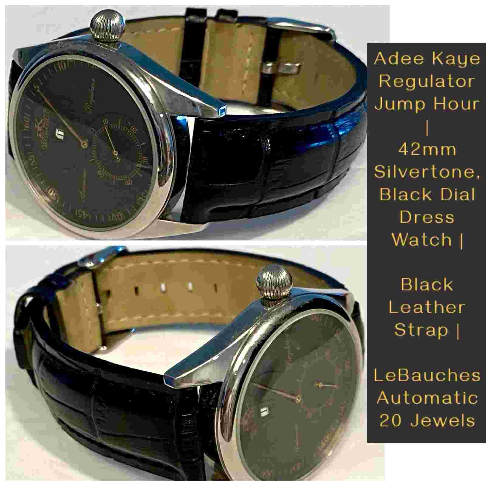 42mm Auto JUMP HOUR Regulator Lebauches Black Dial & Strap ADEE KAYE Mens Watch