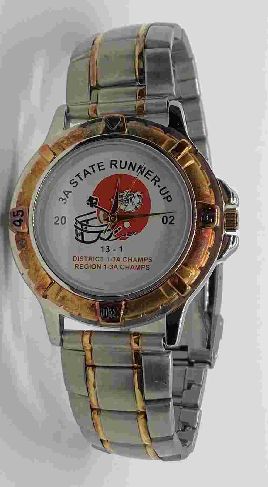 NEW Mens Watch W/new Battery Football Logo  3A State Runner-up 7-1/2” Metal Band