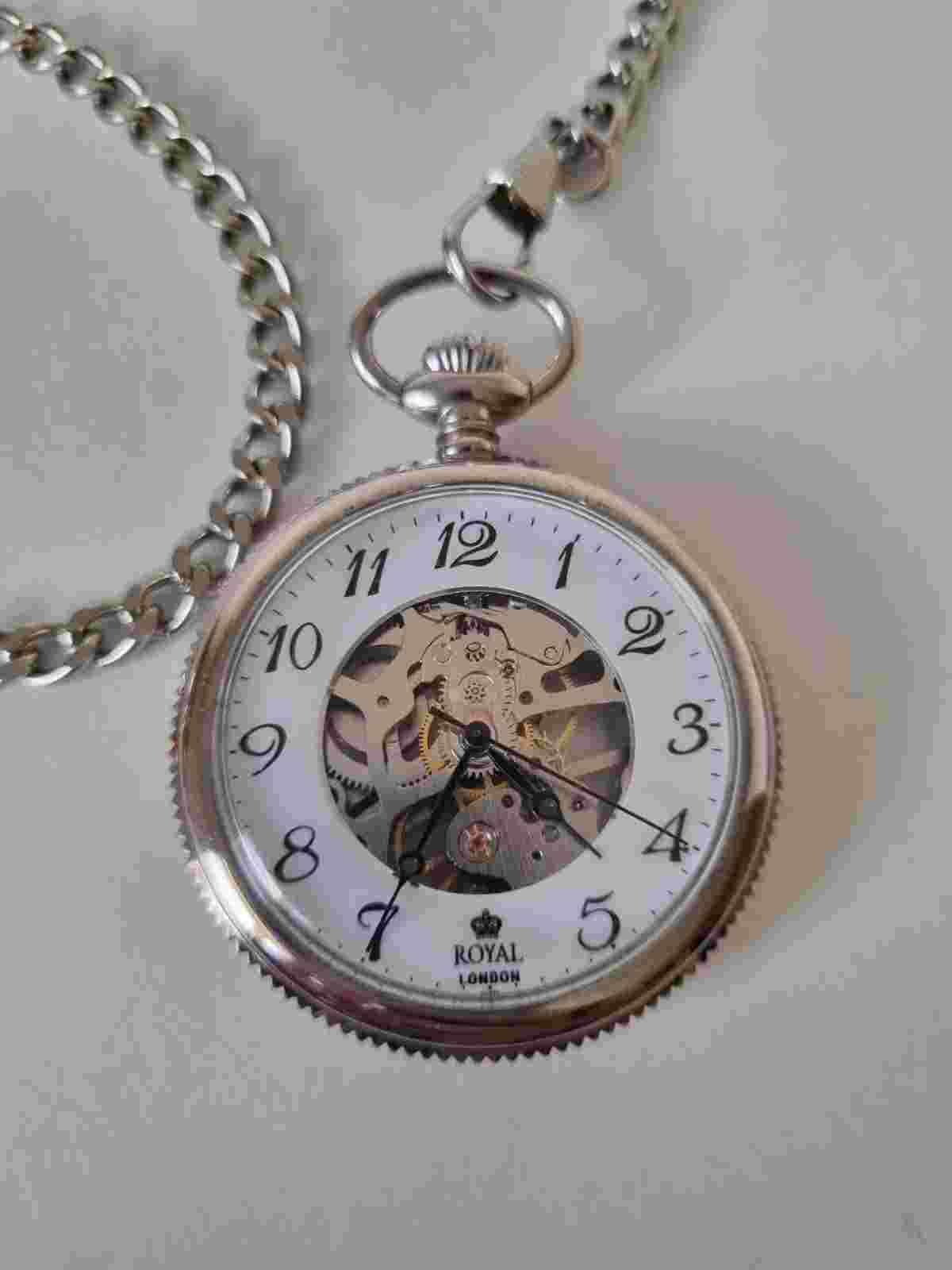 Royal London Pocket Watch Mechanical Skeleton Chain Gothic Vintage Jewellery