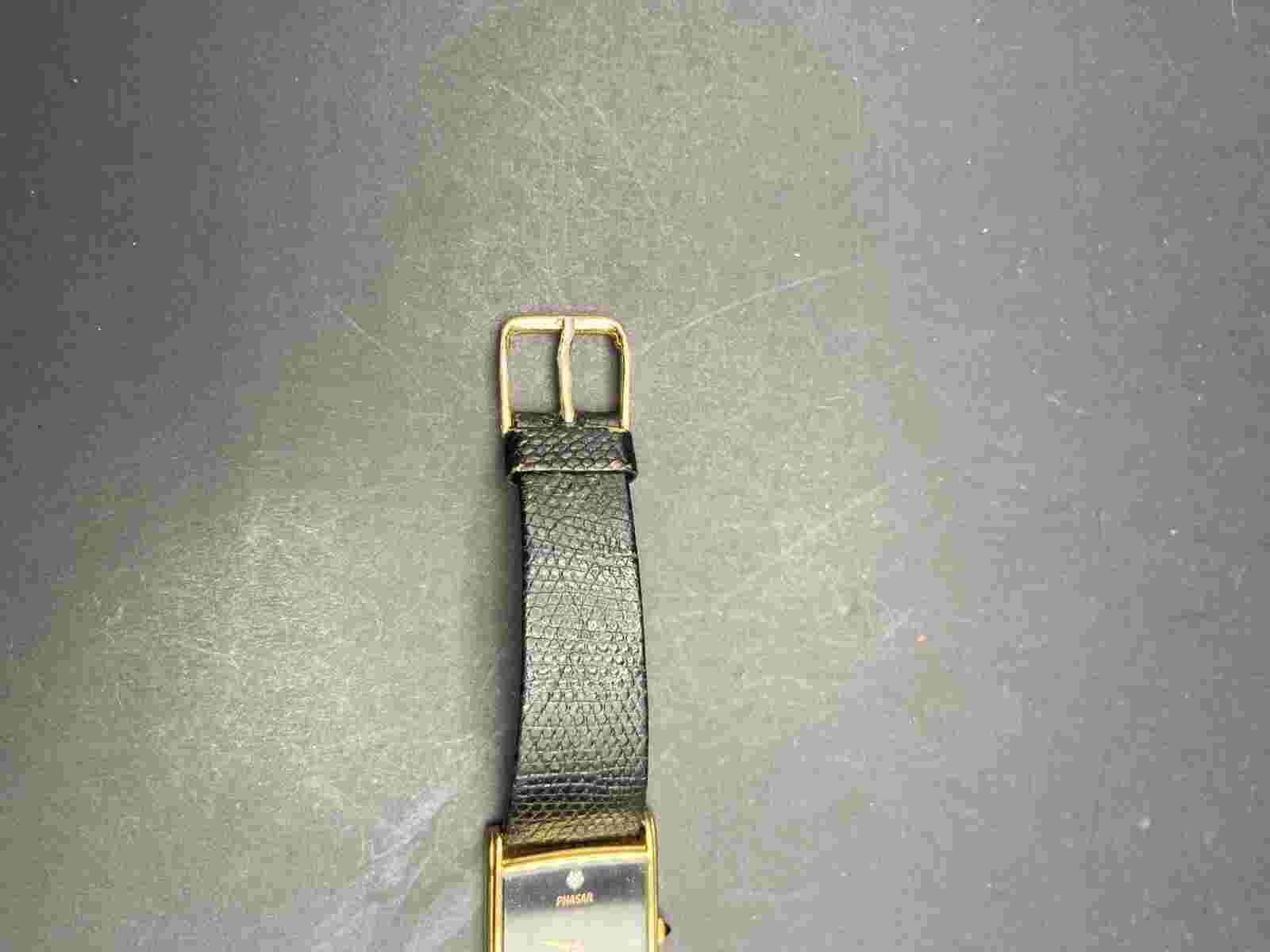 Phasar Gold Tone Rectangle Black Dial Quartz Watch Y100-5470 Black Leather Band