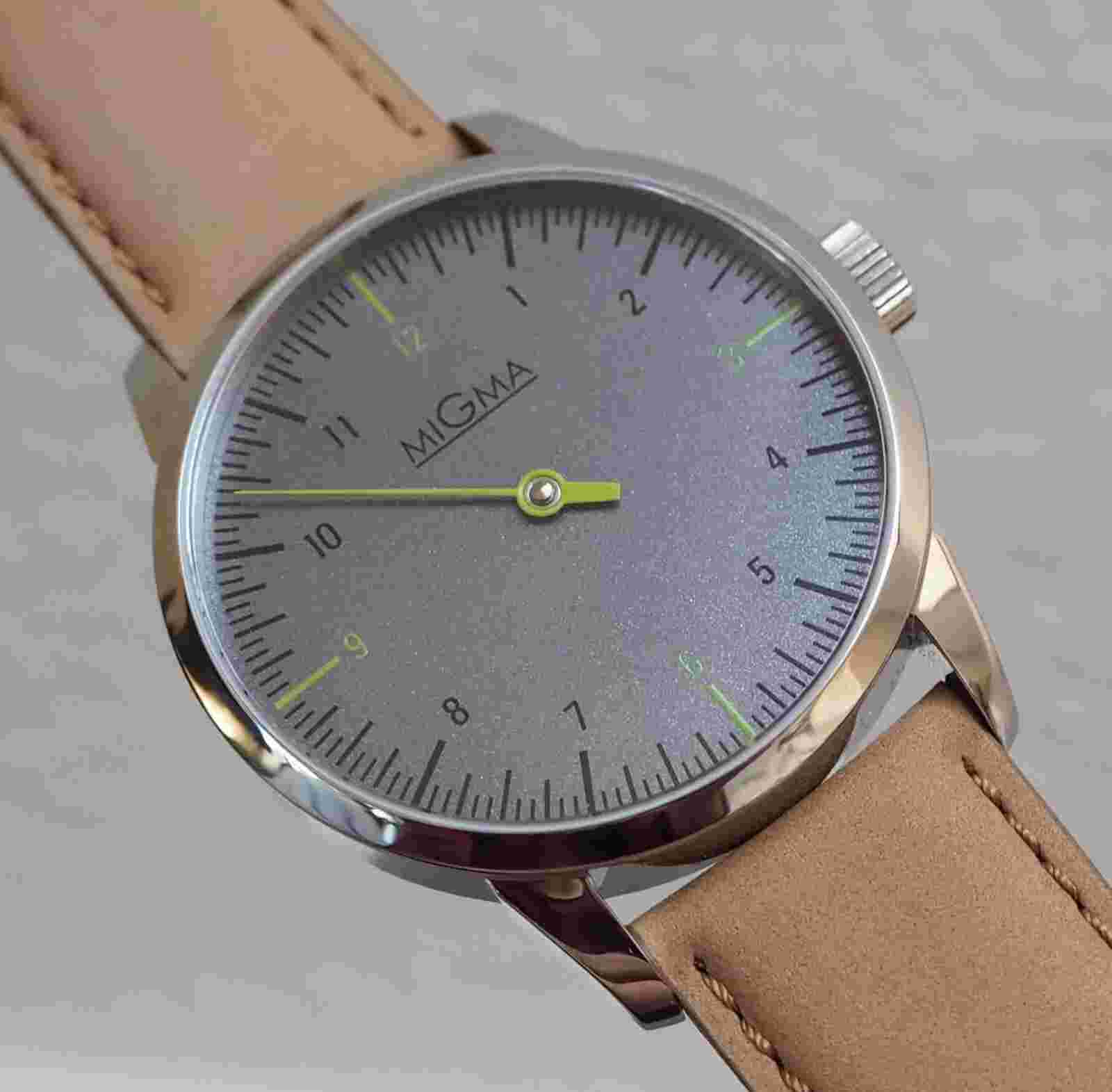 MIGMA ONE HAND WATCH ETA 6497-1 SWISS SAPPHIRE RUTHENIUM DIAL GREEN HAND NEW