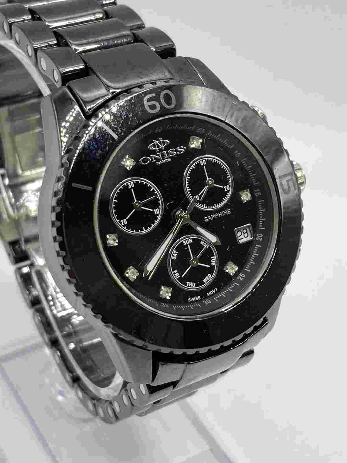ONISS Paris Mens Multi Function Diamond Dial Black Ceramic Wrist Watch New Batt