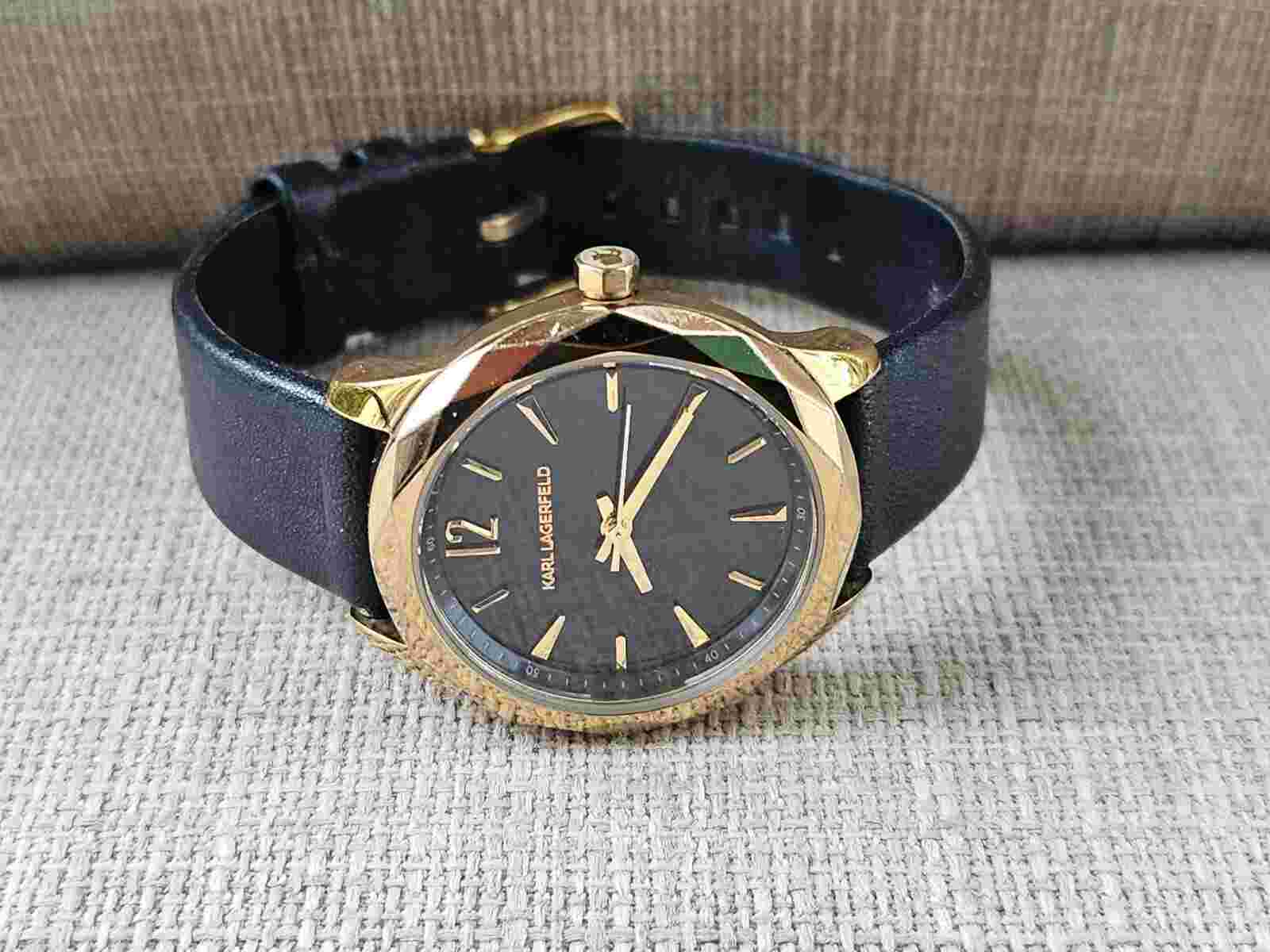 Karl Lagerfeld Ladies Wristwatch Black Leather Band Gold Tone Case Wrist Watch