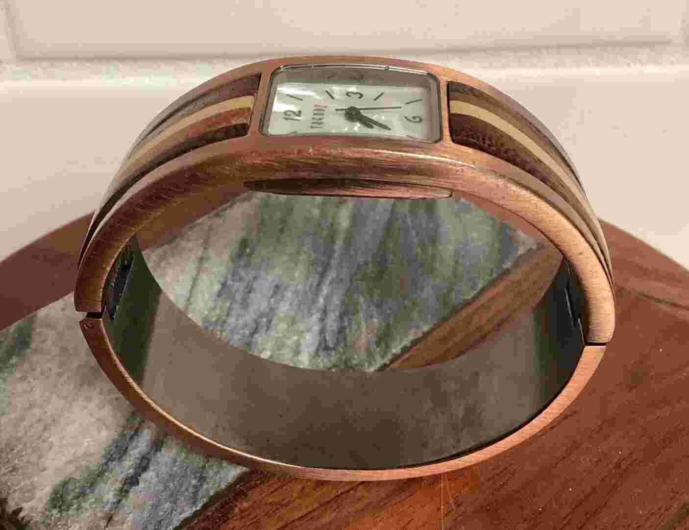 Copper Metal Inlaid Wood Watch Bangle Bracelet Trendz Artisan Unique New Battery