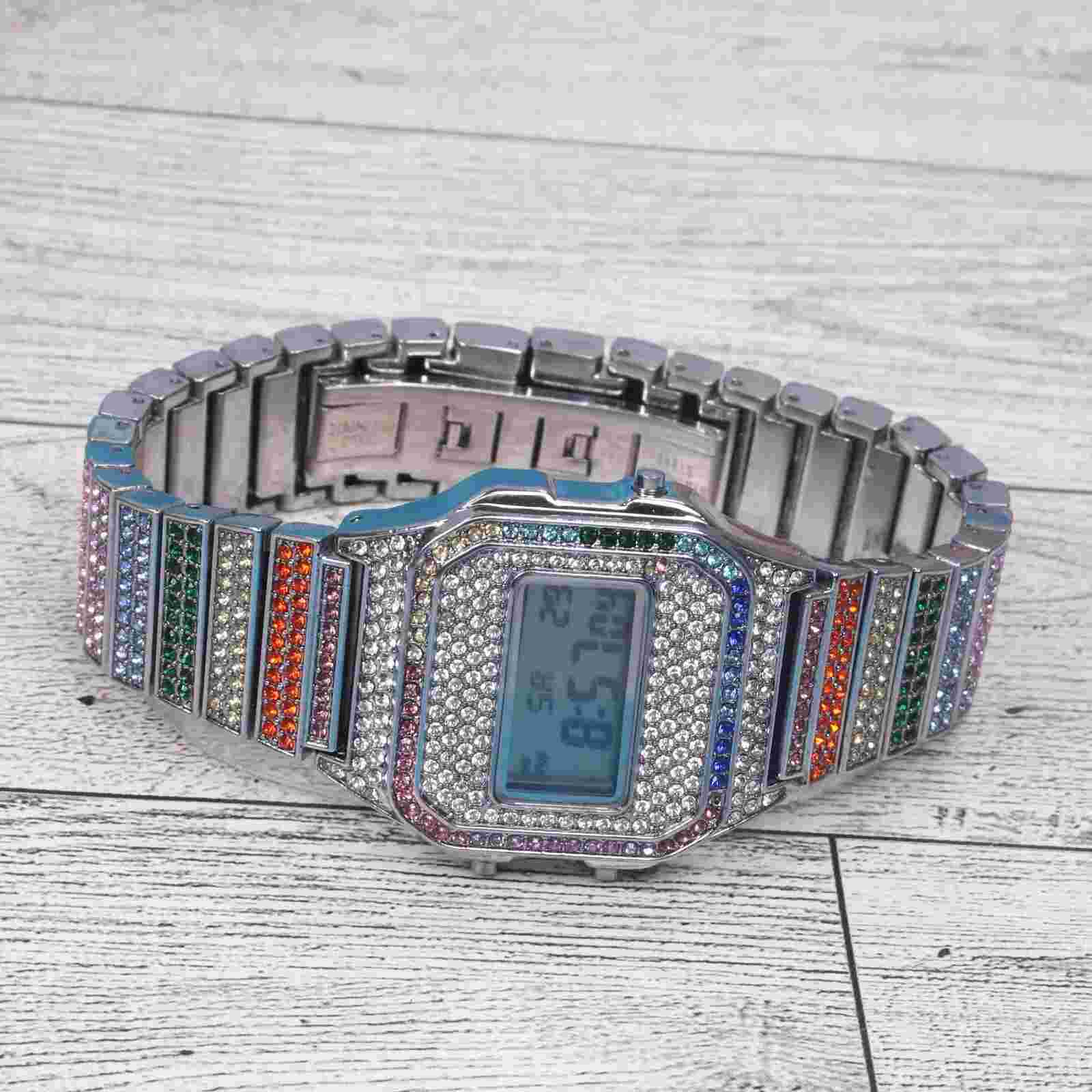 Montres Carlo Men's Hip Hop Luxury Stones Clubbing Wrist Digital Watch Silver