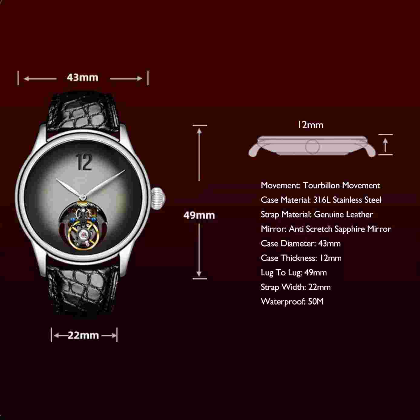 MERKUR Men Tourbillon Watch 43mm Vintage Mechanical Wristwatch Goldstone Dial