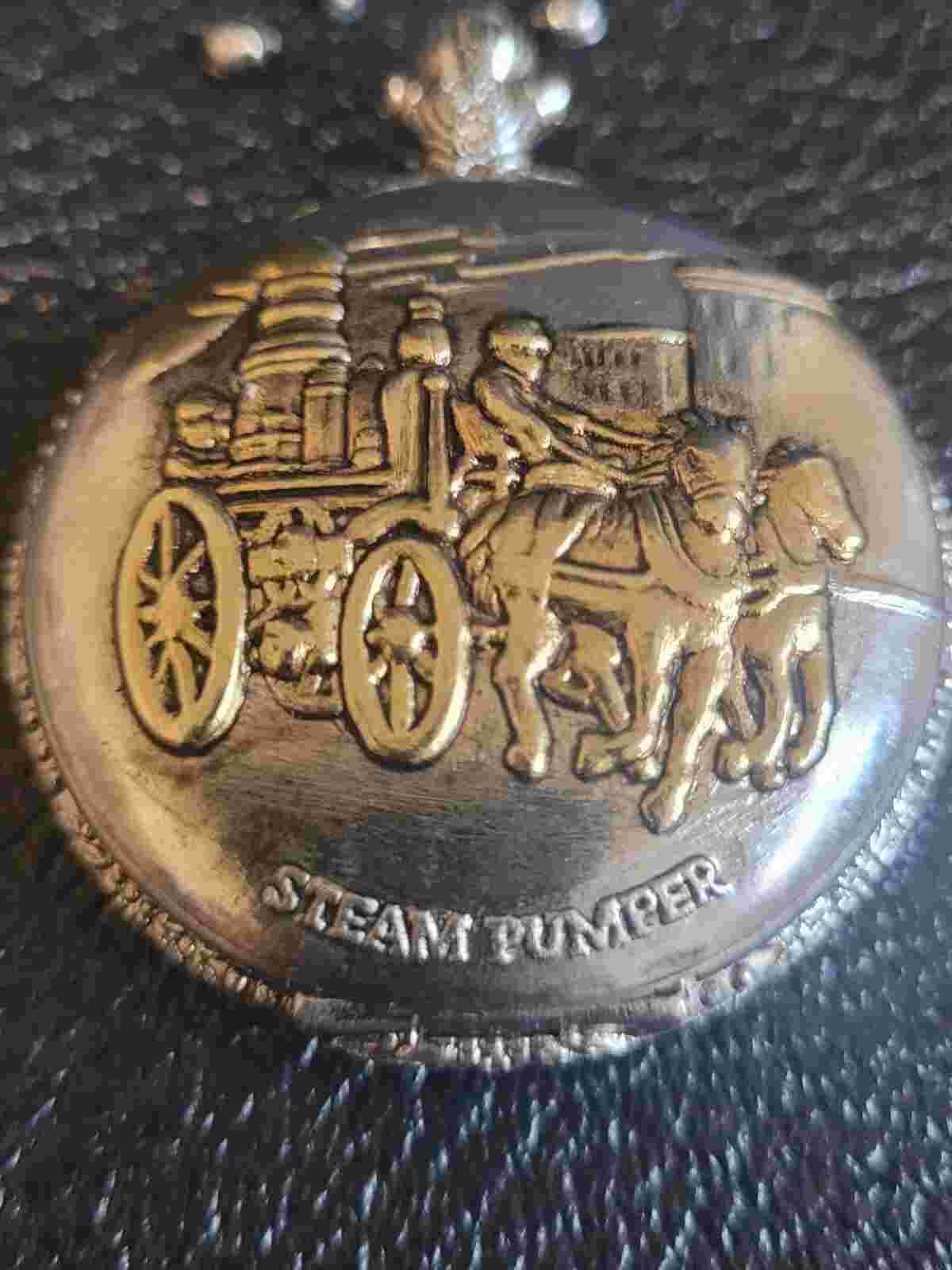 JS James Becket London 1640 pocket watch with steam pump engraving on the cover.