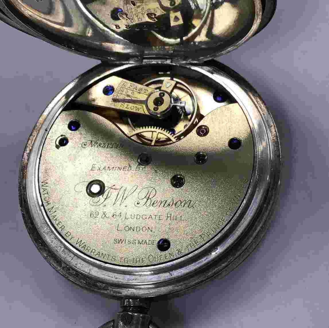 English Pocket Watch J W Benson London Swiss Made  935  Silver Hunter Case Works