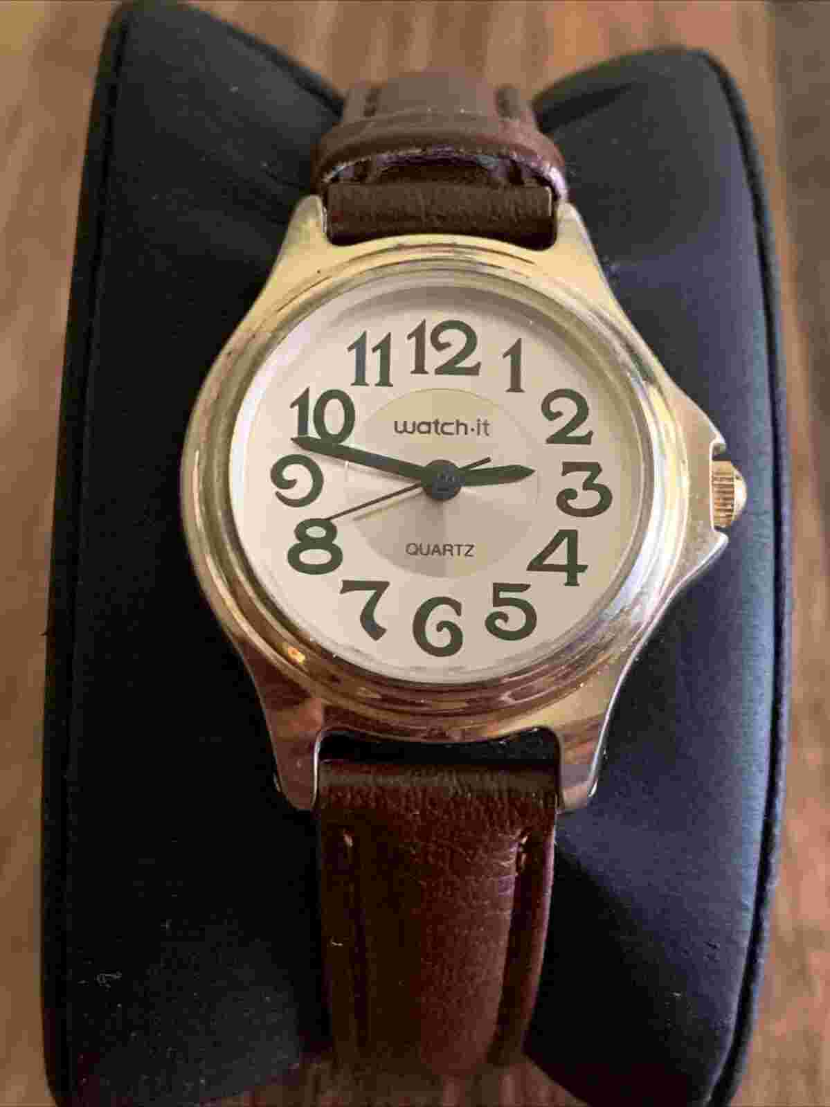 Watch-It Women's Watch Gold Tone Case Brown Leather Band- New Battery