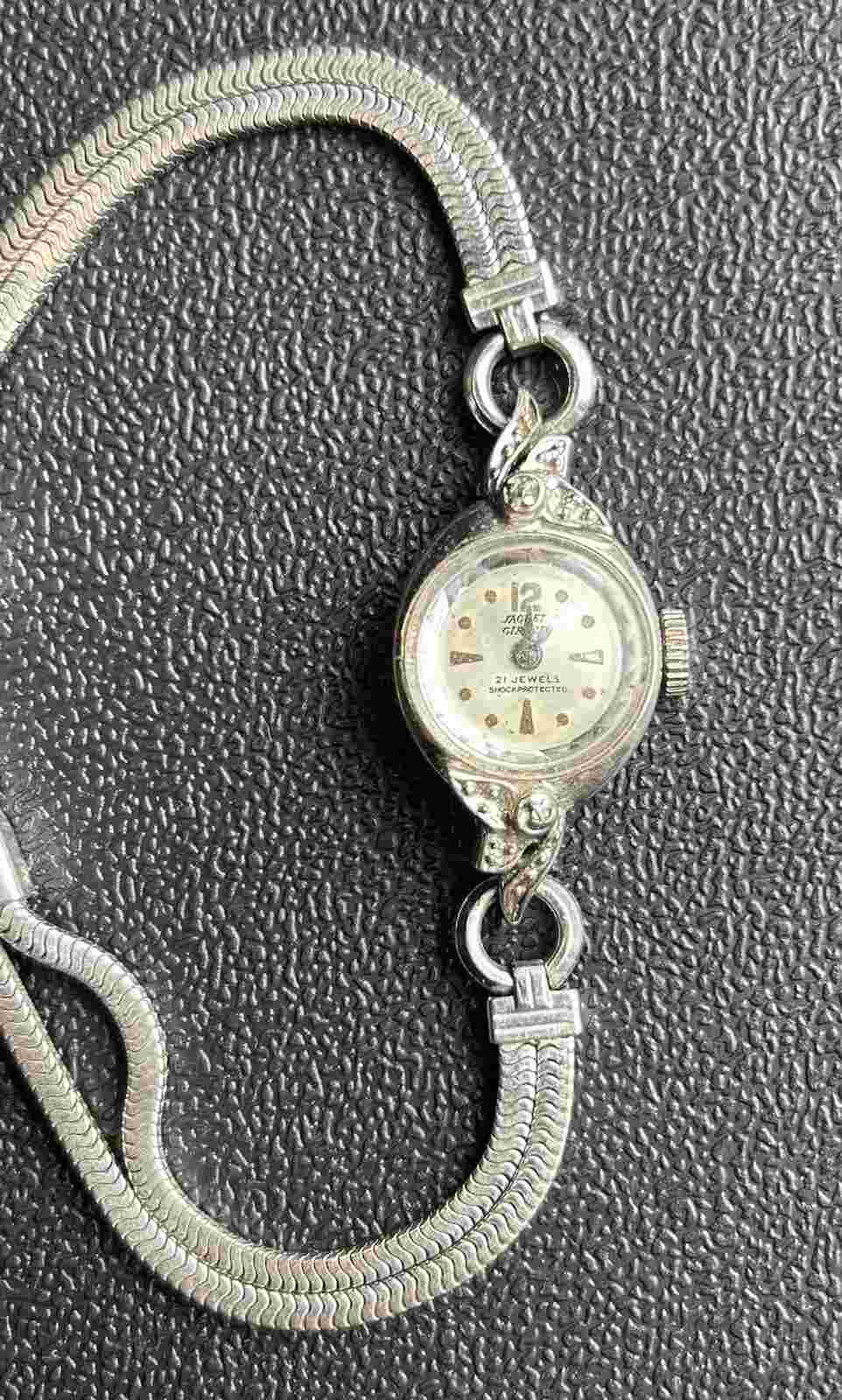VINTAGE LADIES WOMANS 21 JEWEL JAQUET GIRARD WATCH 10k RGP WHITE GOLD WORKS    f