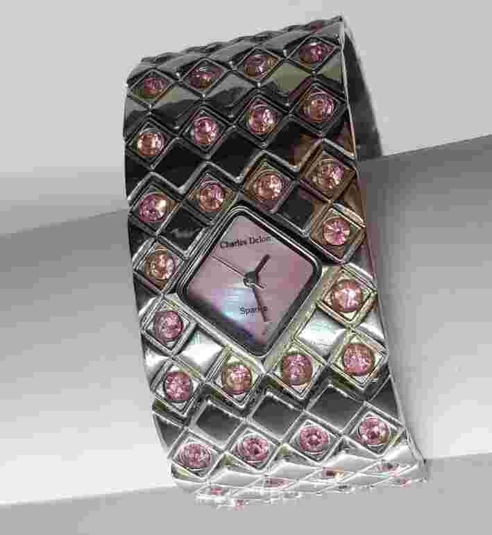Charles Delon Watch Sparkle Women's Silver tone metal bracelet pink rhinestones
