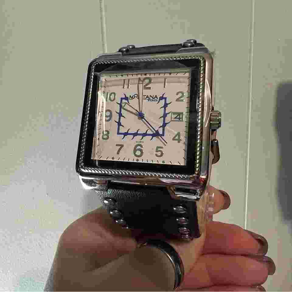 Montana Silversmiths black leather stud square face barbed wire wrist watch NIB