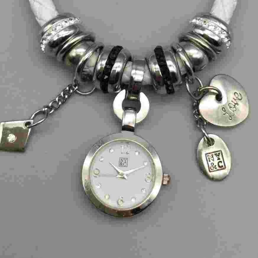 NY&C Watch Women 21mm Silver Tone White Charm Bracelet Band New Battery 8"
