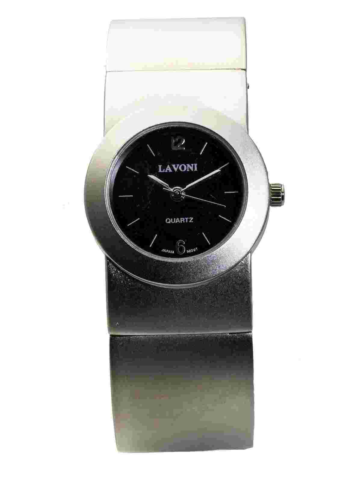 LAVONI:WOMENS' SILVER METAL FINISH ROUND CASE BLACK DIAL ANALOG QUARTZ WATCH