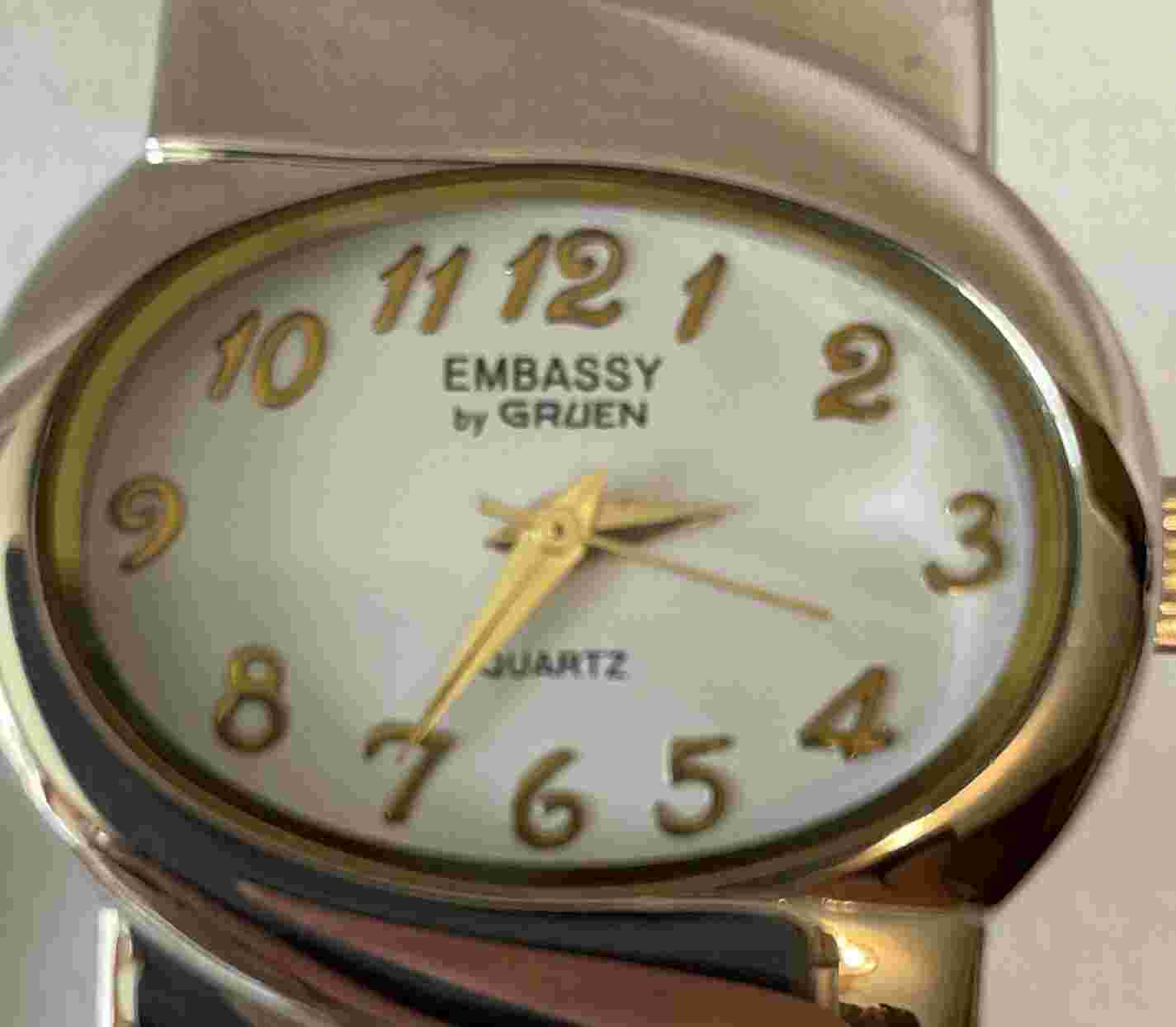 Vintage Embassy by Gruen Gold & Silver Cuff Watch Bracelet Analog Quartz Ladies
