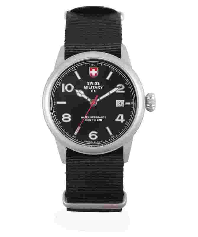 CX Swiss Military SPITFIRE Vintage Watch Swiss Quartz Date 10ATM Black Dial 2866