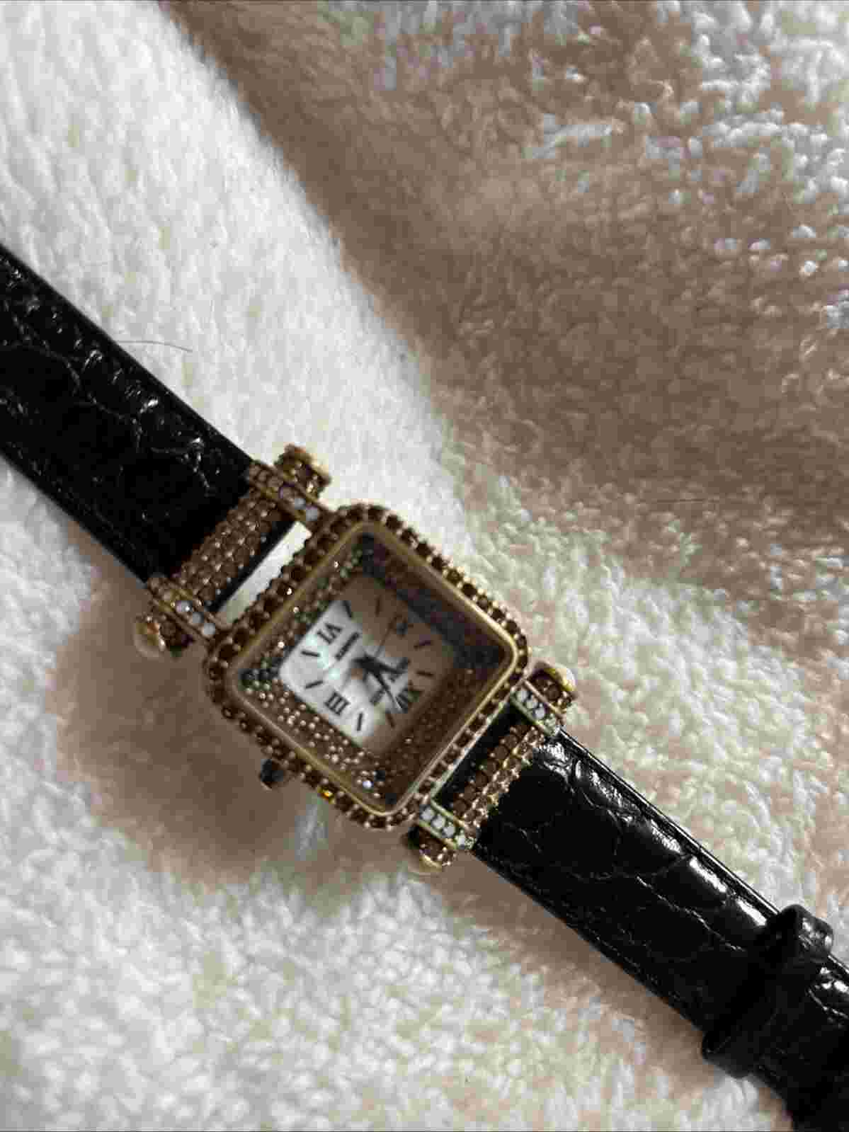 Heidi Daus "Timeless Beauty" Pave' Bezel Black Leather Strap Watch