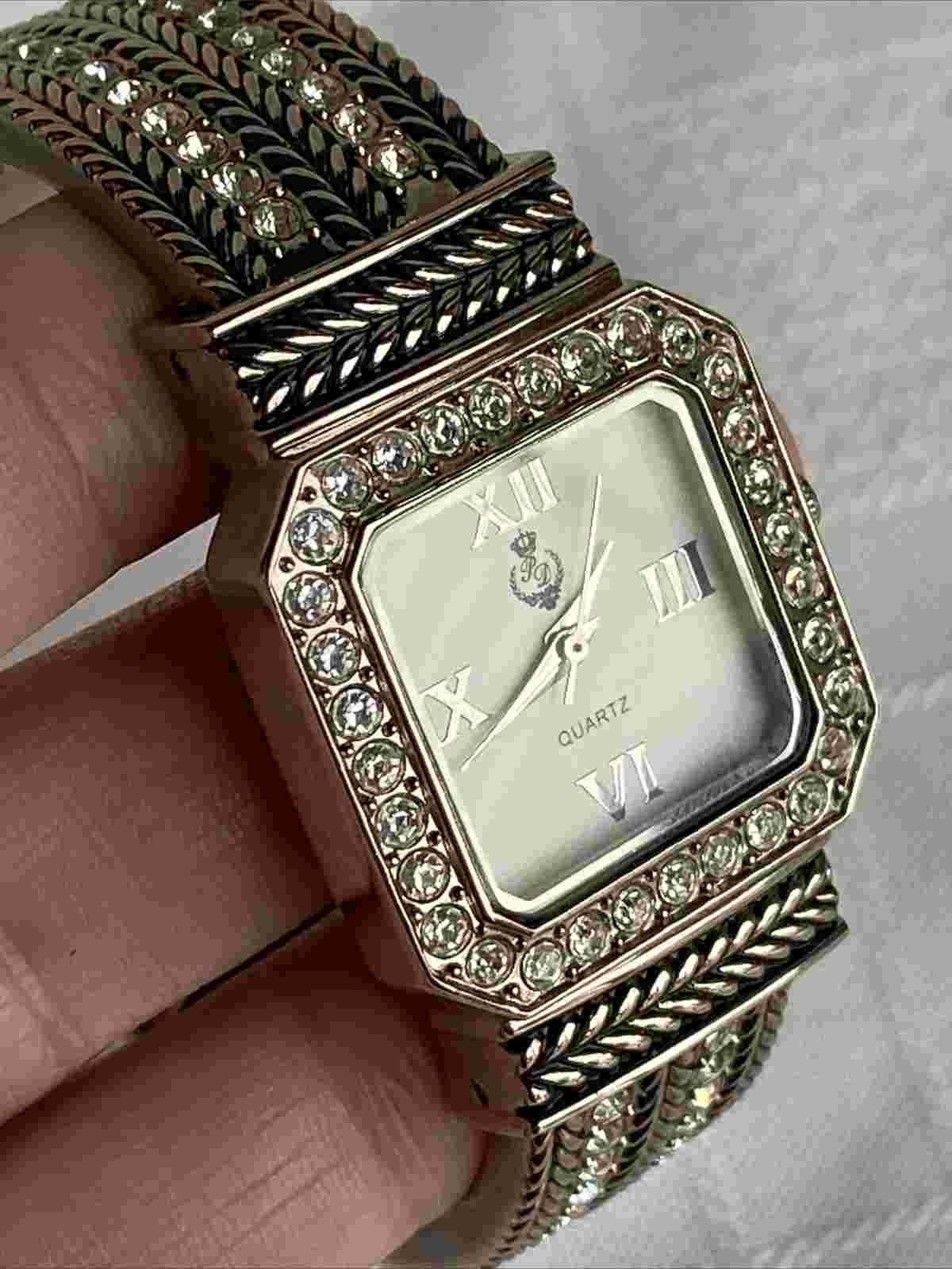 Premier Designs Tribute Watch Cuff Antiqued Silver Tone Pave Frame Needs Battery