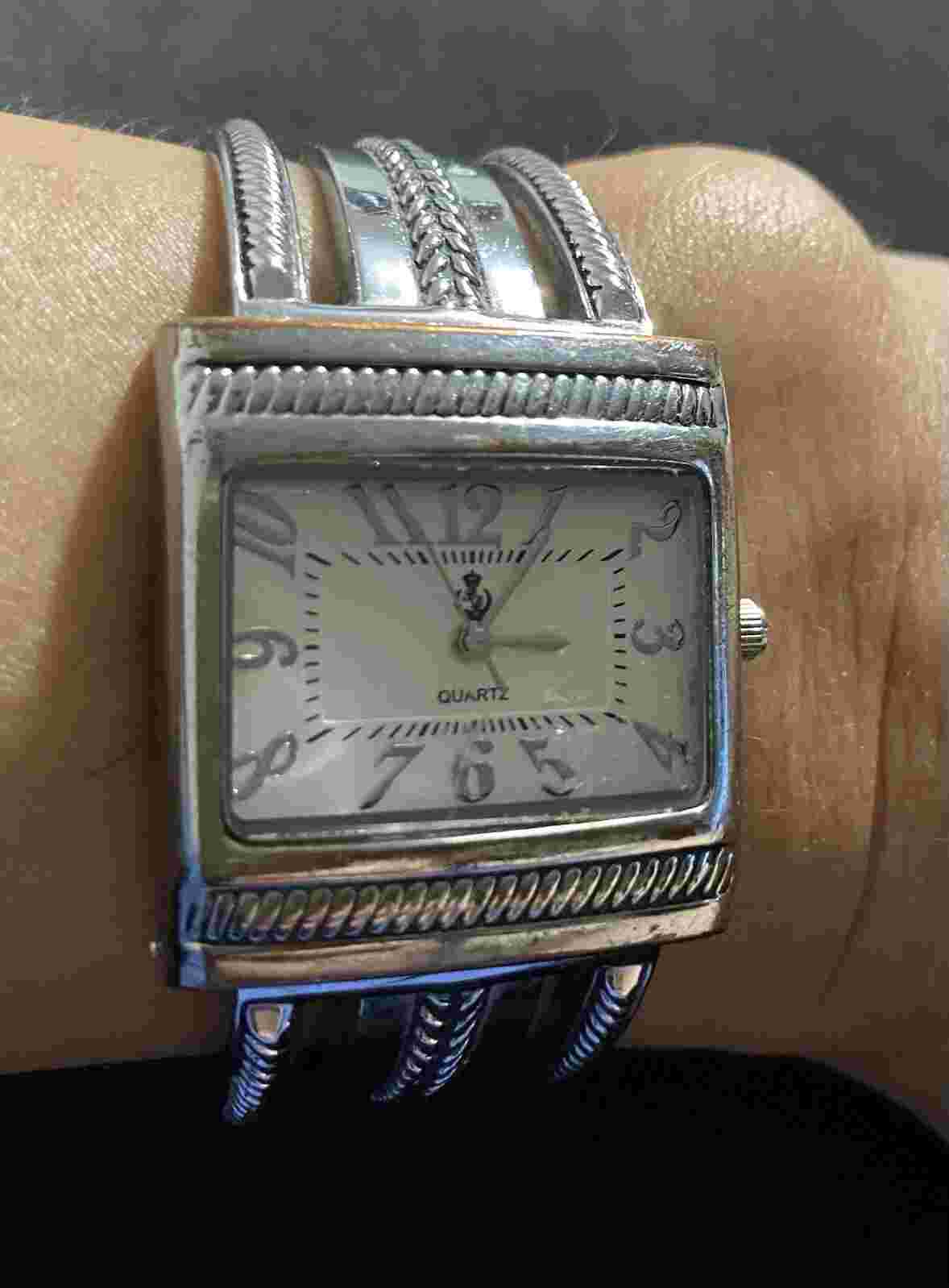 Premier Designs Cario Cuff Watch Silver Antiqued Hinged Band Quartz Movement