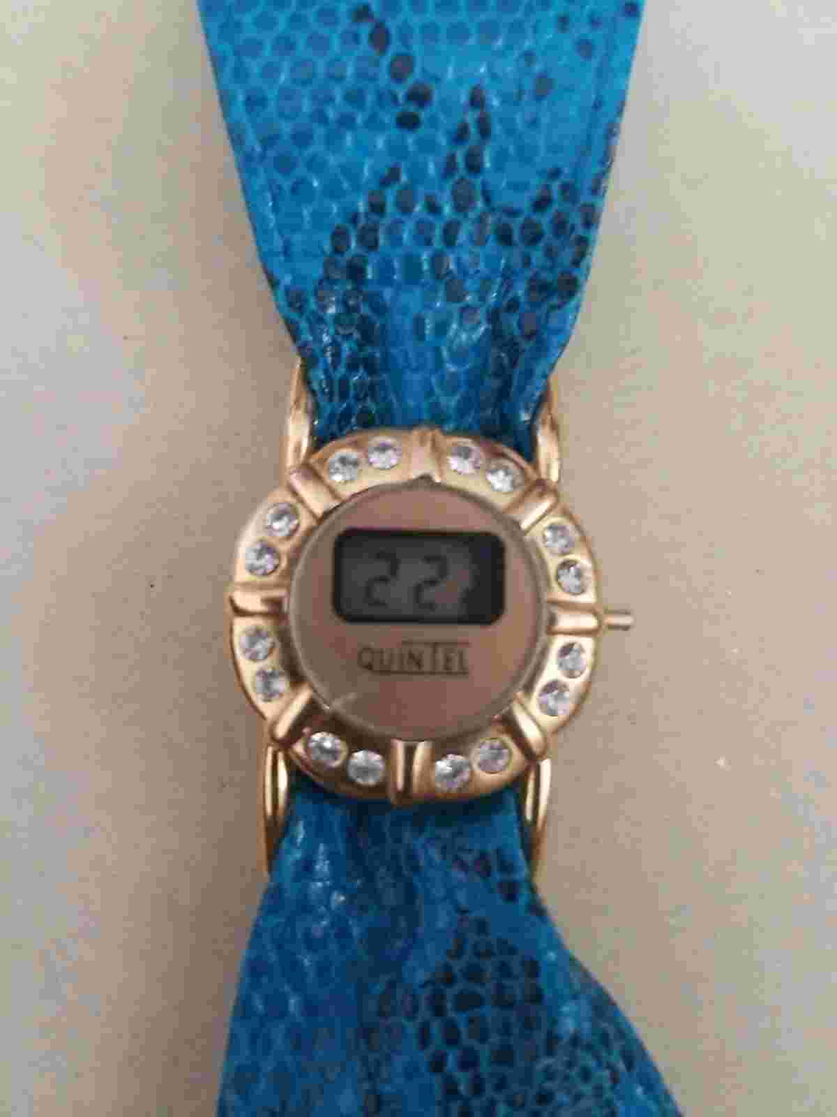 Quintel Digital Watch Blue Alligator Print Band Snap Adjustable 8.5 Inches