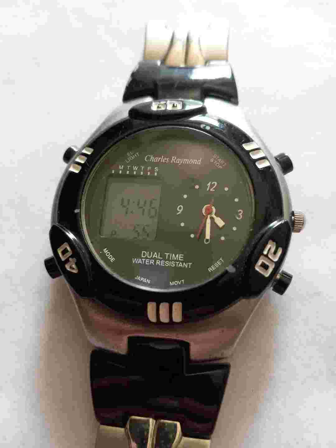 Vtg Charles Raymond Dual Time Digital Analog Men's Watch Stainless Damaged Band