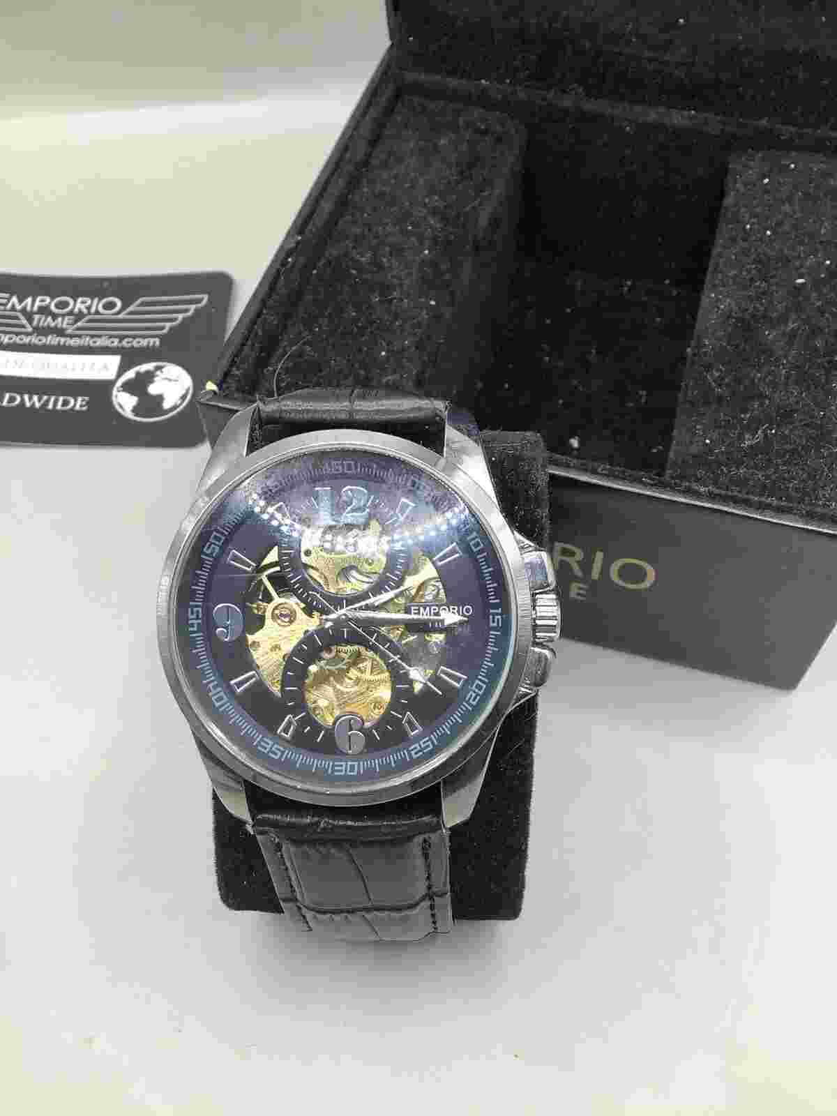 Emporio Time Men’s Stainless Steel And Leather Strap Skeleton Wristwatch