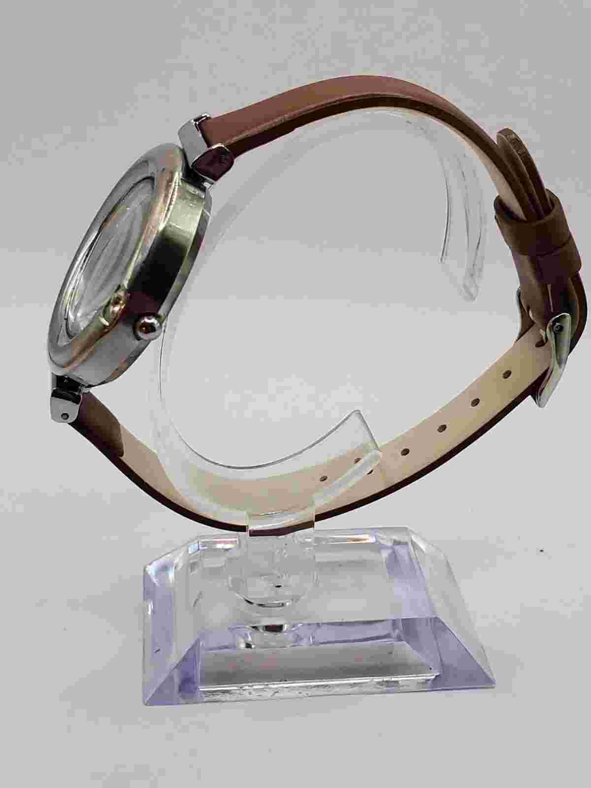 NY&Co Ladies Gem Quartz Watch 36mm Round Silver Tone Brown Faux Leather