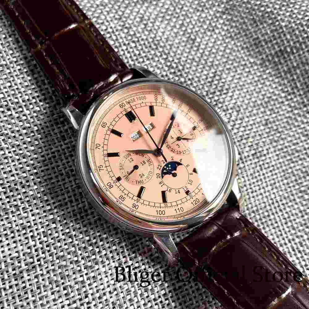 New 42mm Nologo Dial Day Multifunction Seagull Automatic Men Watch Leather Band