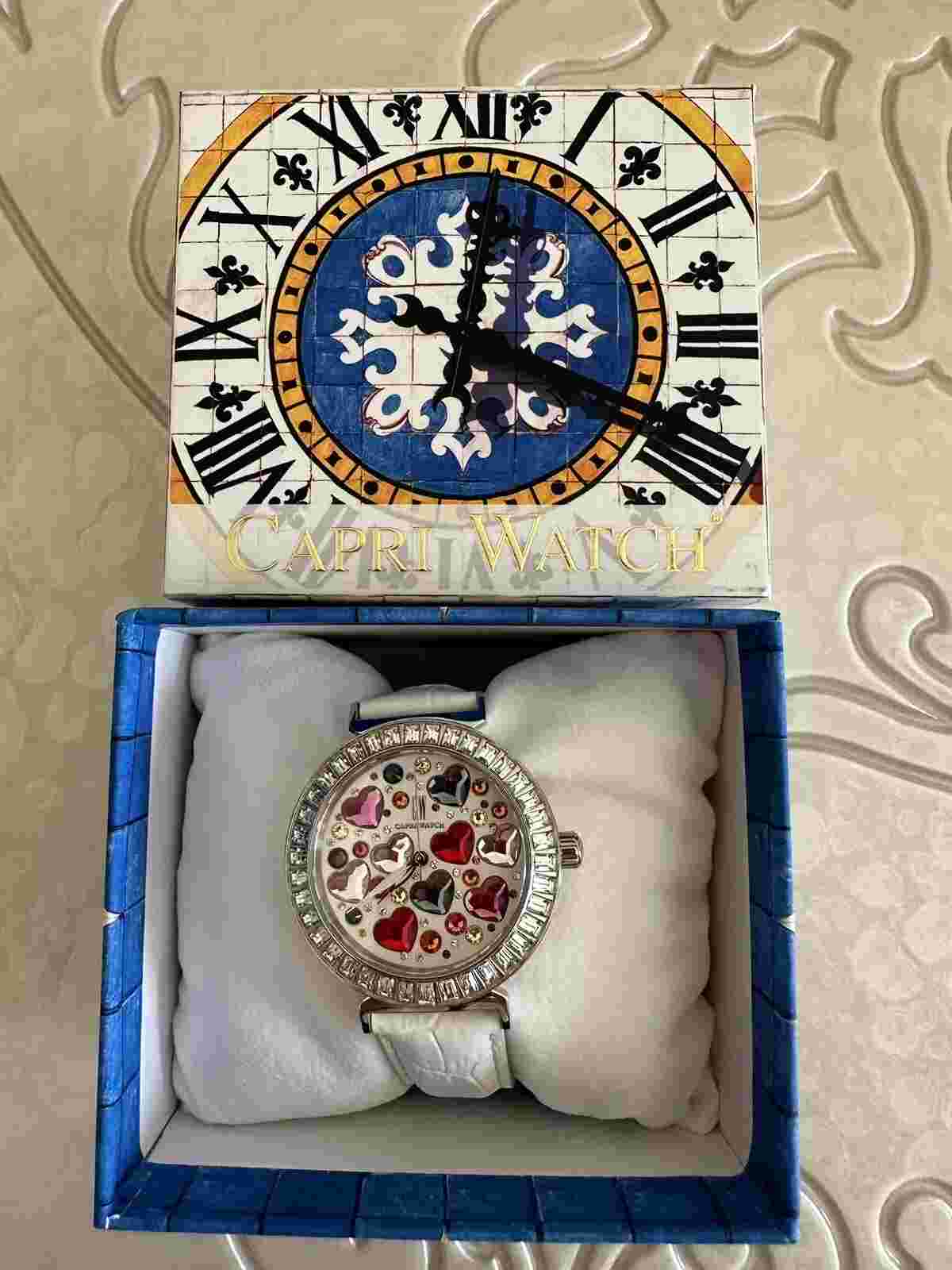 New Capri Watch Swarovski Crystals White Leather Band Box