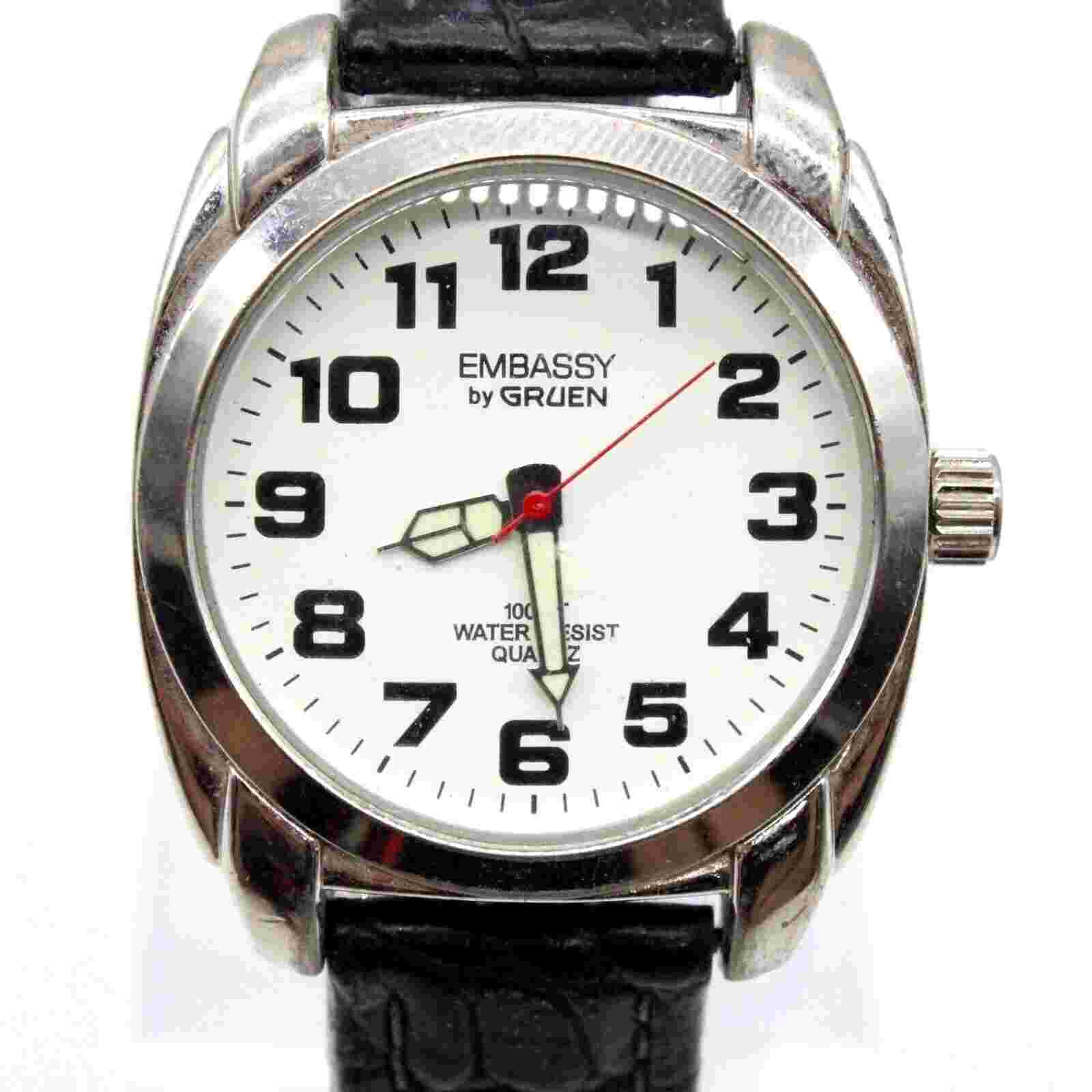 Vintage Embassy By Gruen Watch Mens Silver Tone Stainless Steel White Dial